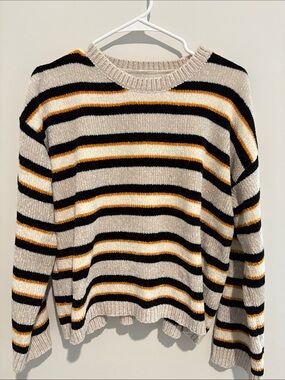 Volcom Striped Crewneck Sweater in Beige, Black & Gold